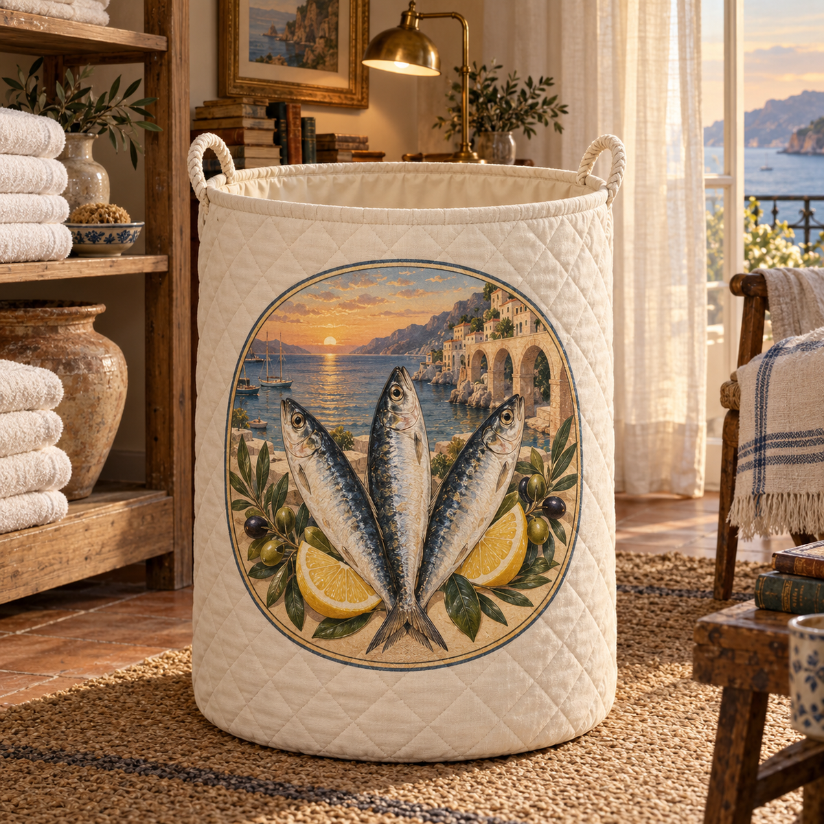 Sardine Tin Quiet Corner Laundry Hamper with original flat printed sardine tin art in a layered coastal reading corner