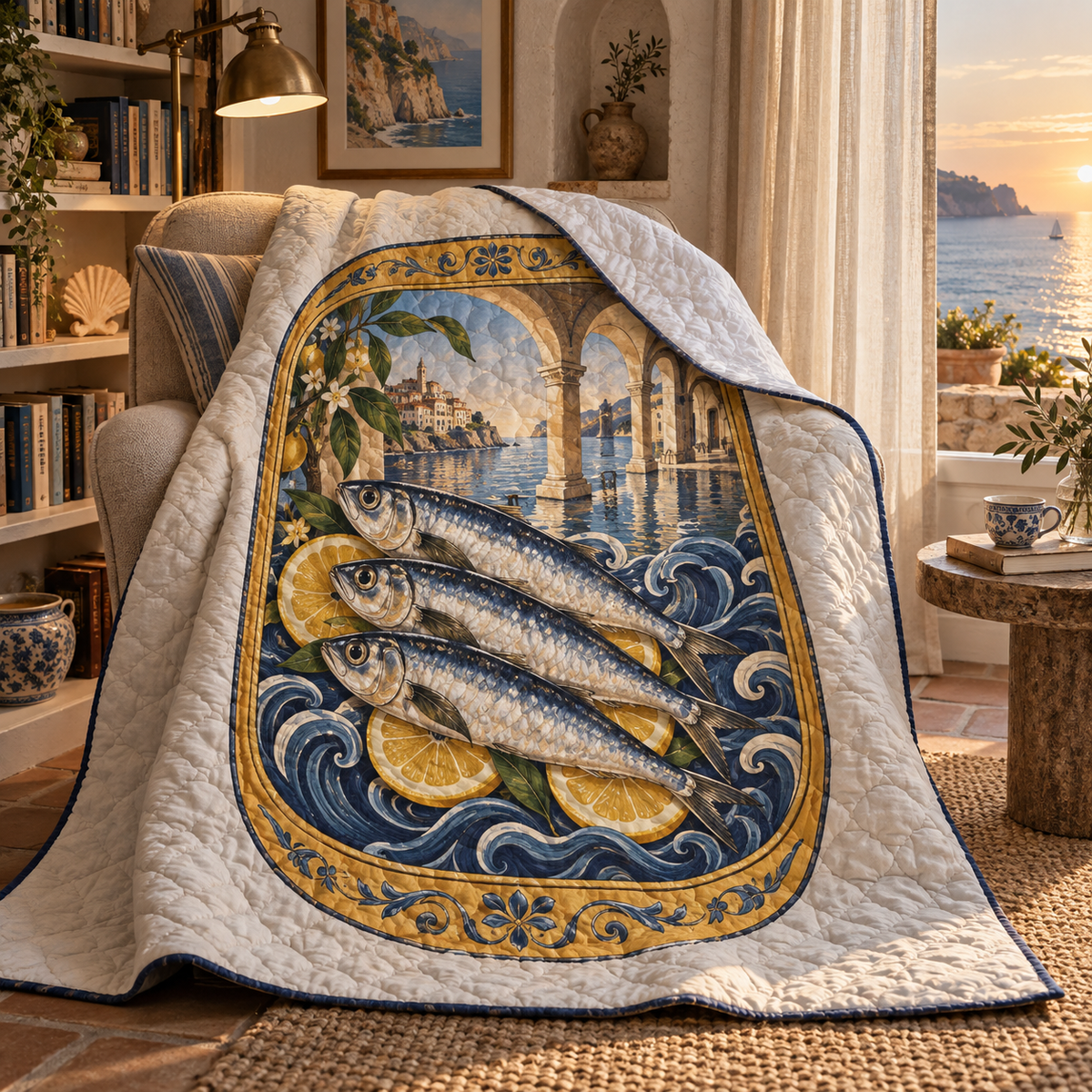 Sardine Tin Quiet Corner Quilt Blanket with original flat printed sardine tin art in a layered coastal reading corner