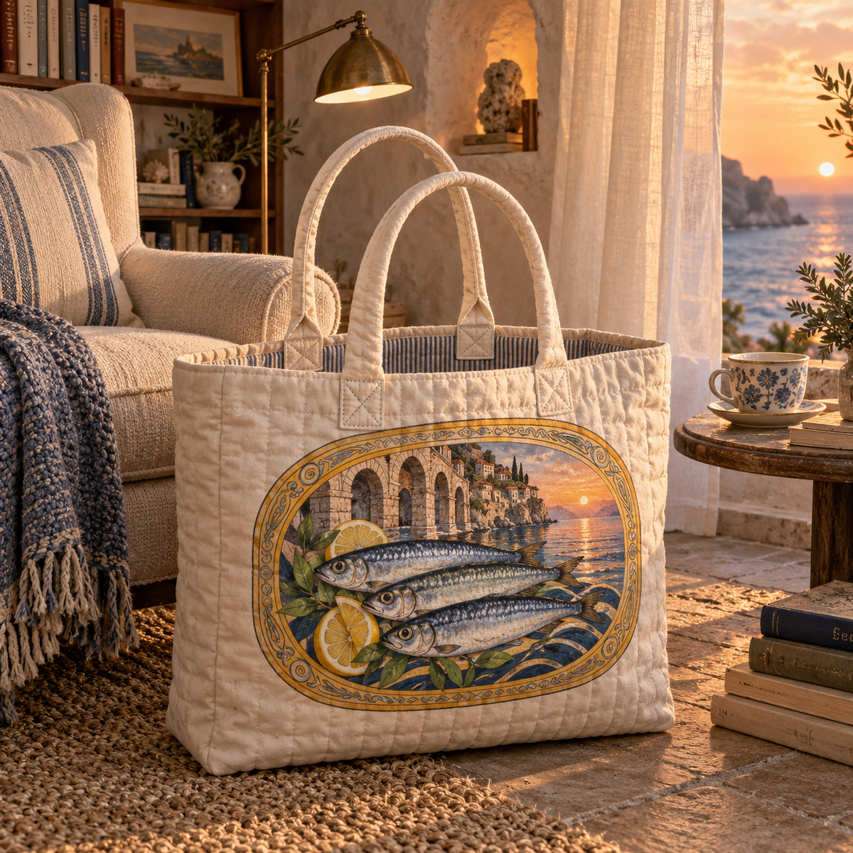 Sardine Tin Quiet Corner Quilted Tote Bag with original flat printed sardine tin art in a layered coastal reading corner