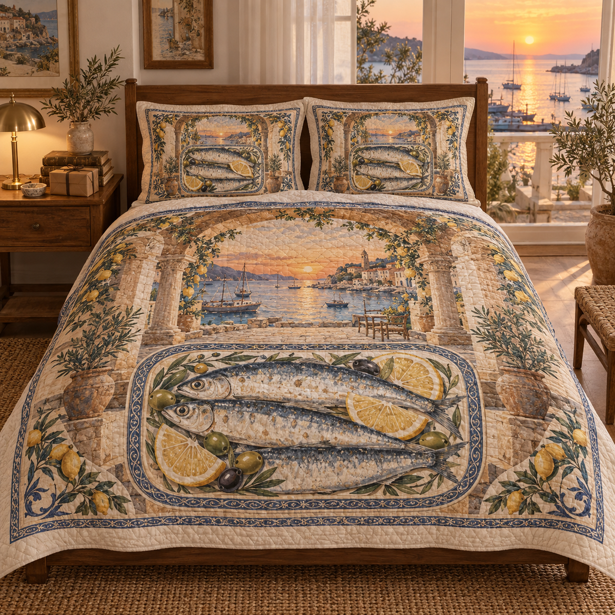 Sardine Tin Collector Birthday Quilted Bedding Set with original flat printed sardine tin art in a layered collector birthday corner