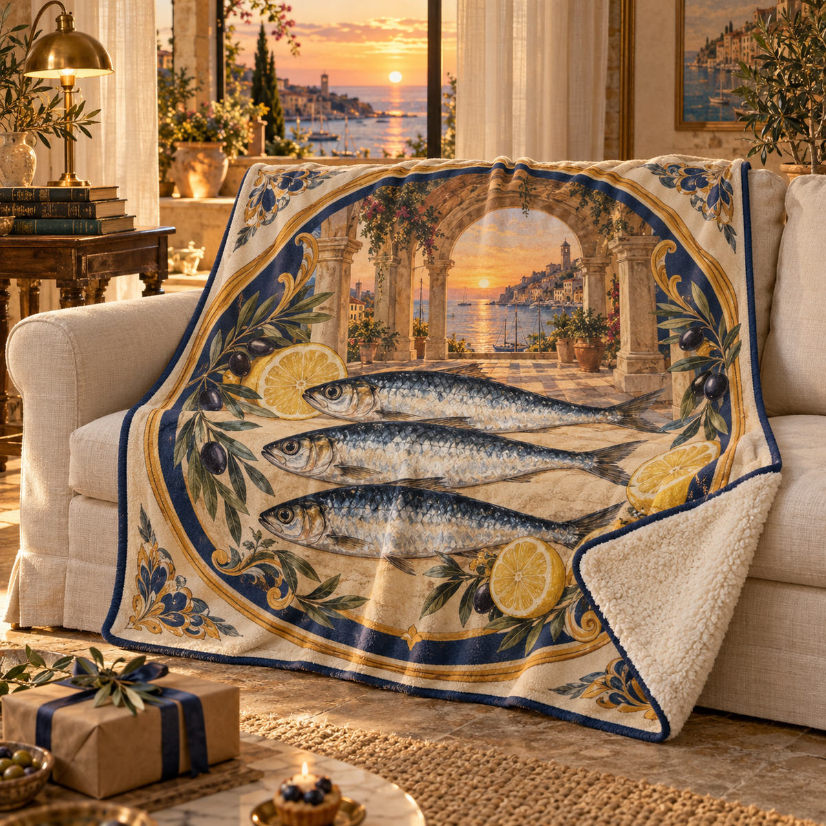 Sardine Tin Collector Birthday Sherpa & Fleece Blanket with original flat printed sardine tin art in a layered collector birthday corner