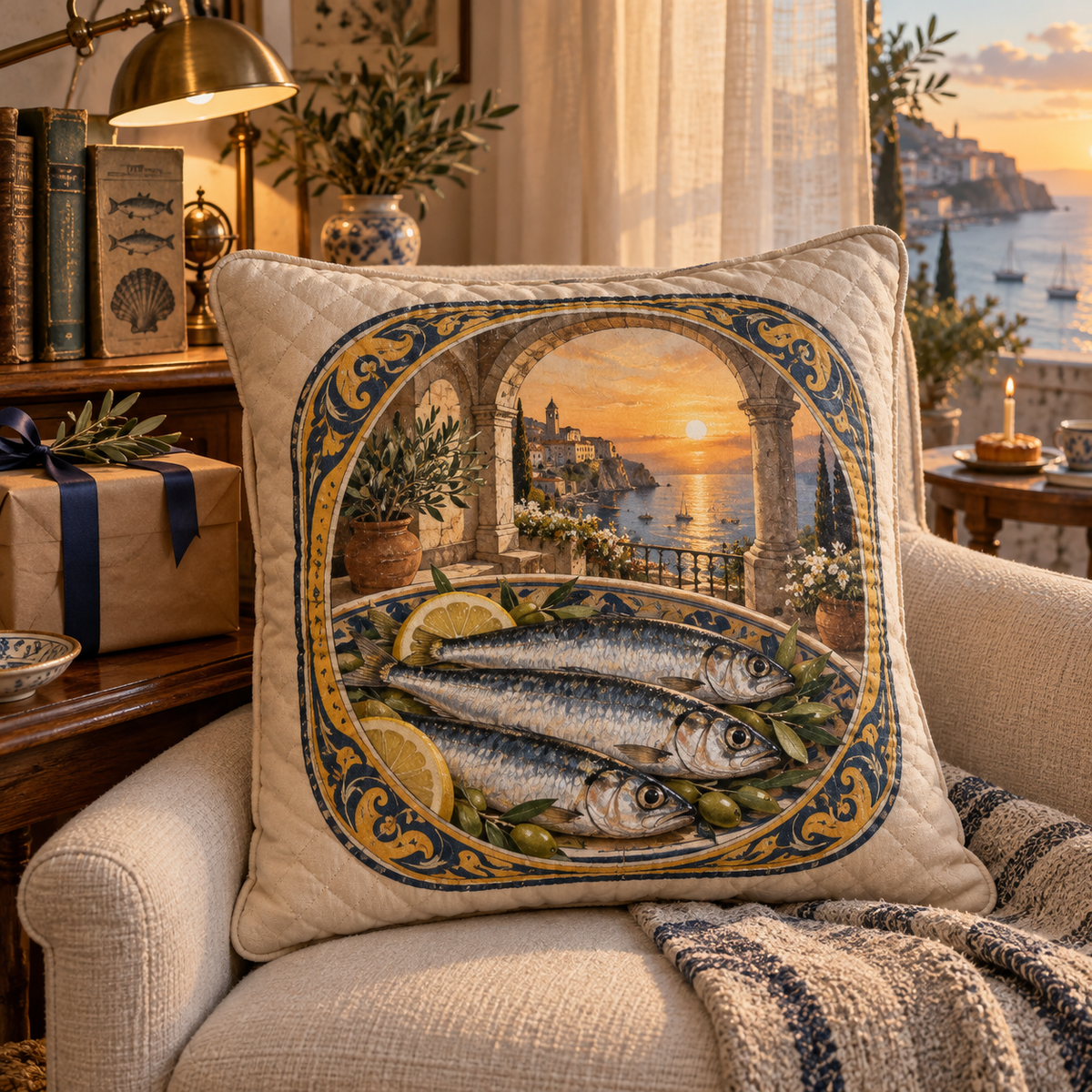 Sardine Tin Collector Birthday Quilted Cushion Cover with original flat printed sardine tin art in a layered collector birthday corner