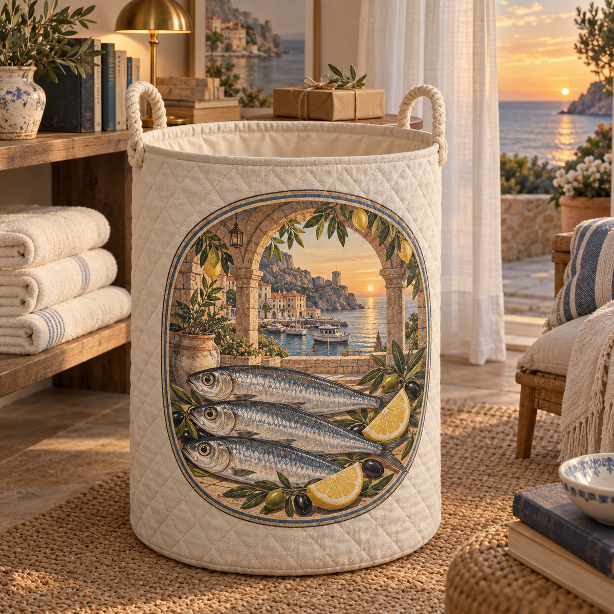 Sardine Tin Collector Birthday Laundry Hamper with original flat printed sardine tin art in a layered collector birthday corner