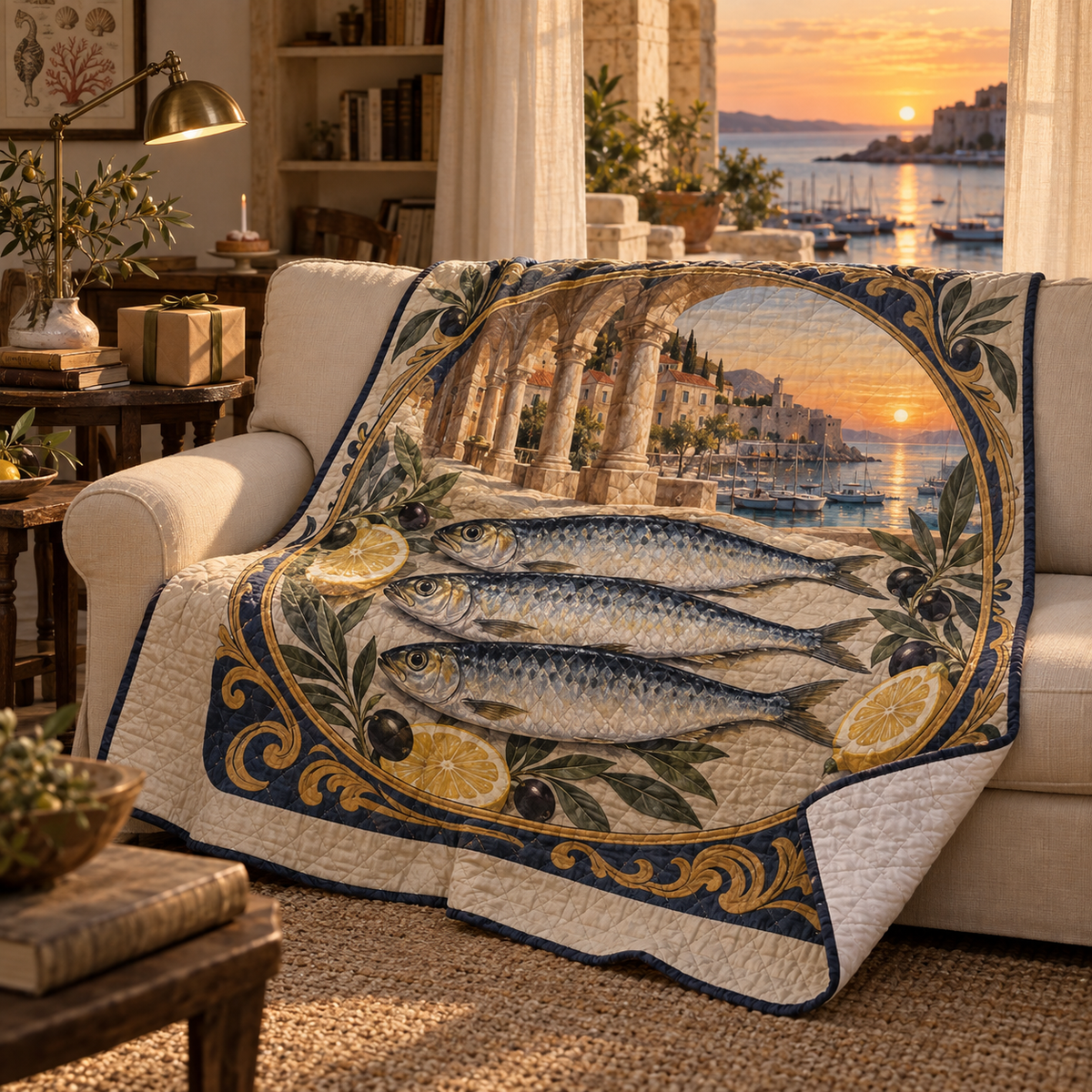 Sardine Tin Collector Birthday Quilt Blanket with original flat printed sardine tin art in a layered collector birthday corner