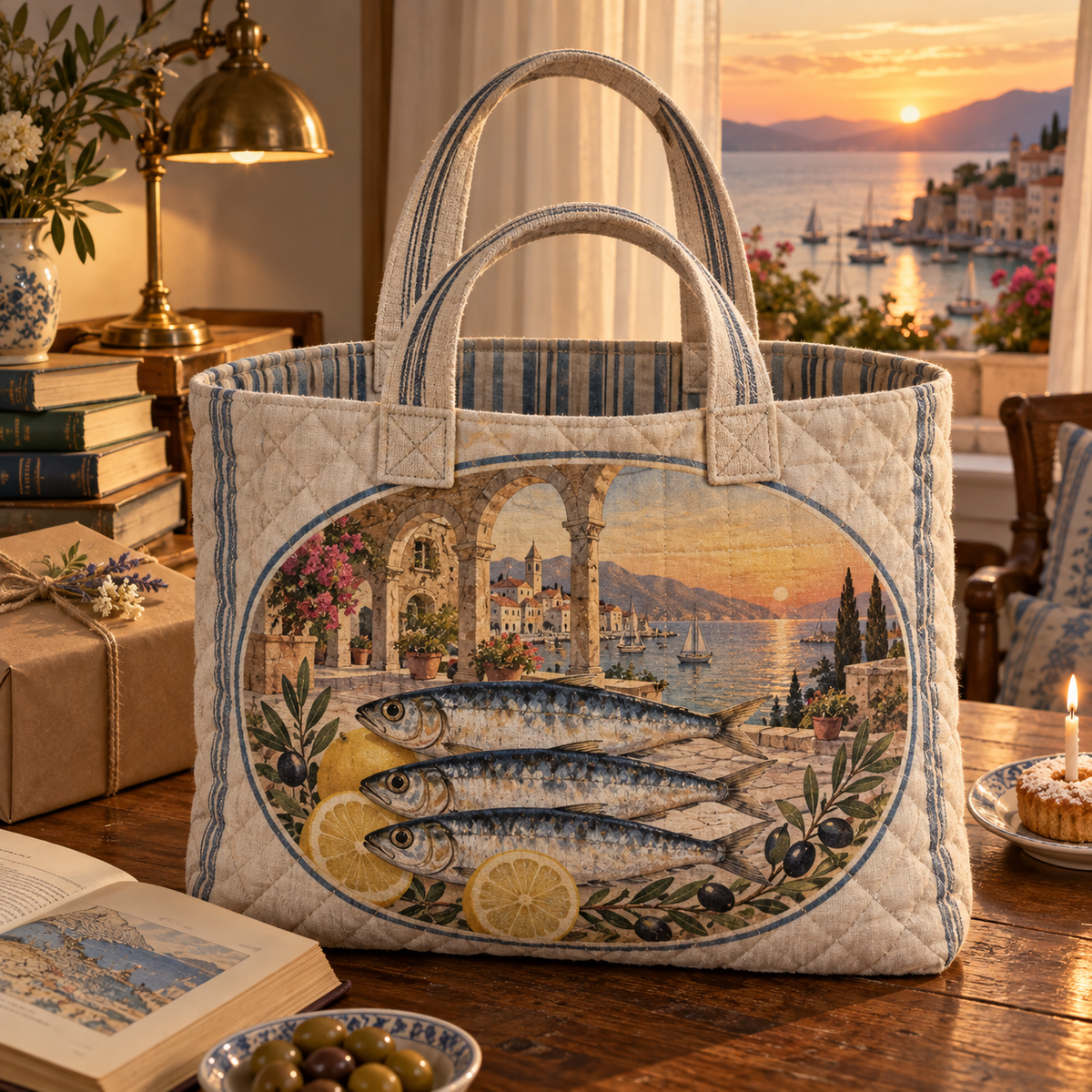 Sardine Tin Collector Birthday Quilted Tote Bag with original flat printed sardine tin art in a layered collector birthday corner