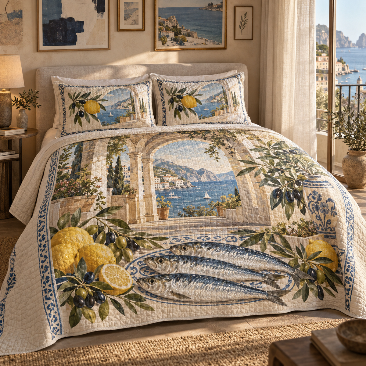 Sardine Tin Apartment Gallery Quilted Bedding Set with original flat printed sardine tin art in a layered apartment gallery room