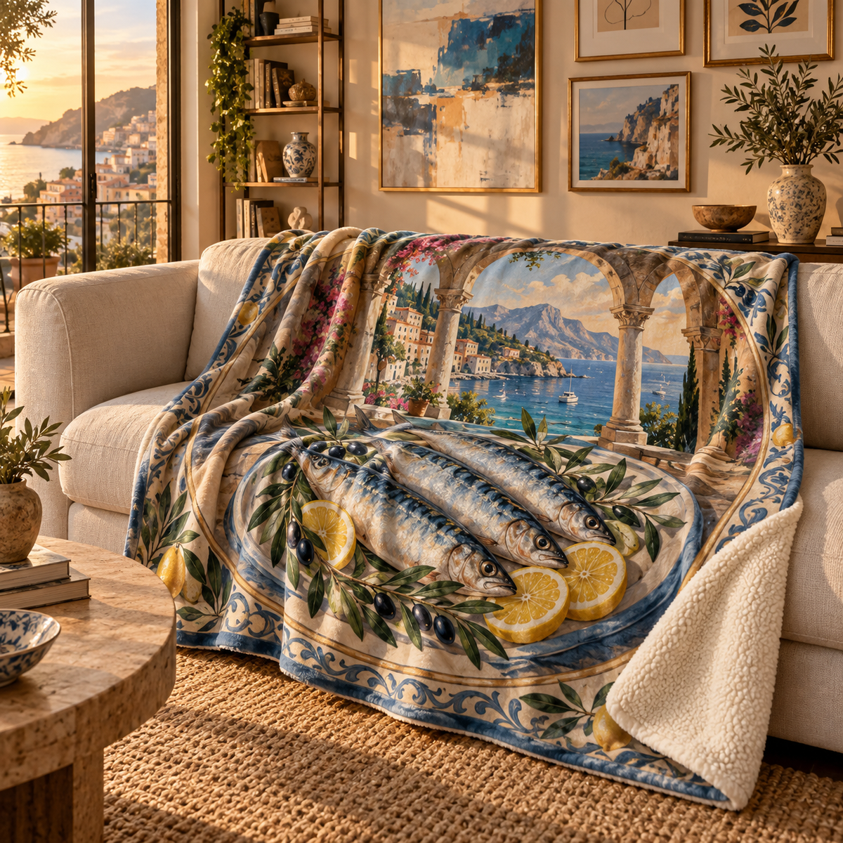 Sardine Tin Apartment Gallery Sherpa & Fleece Blanket with original flat printed sardine tin art in a layered apartment gallery room