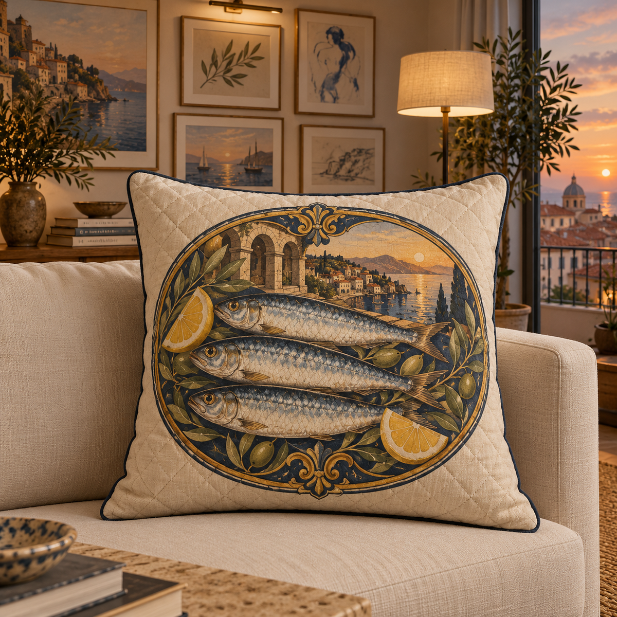 Sardine Tin Apartment Gallery Quilted Cushion Cover with original flat printed sardine tin art in a layered apartment gallery room
