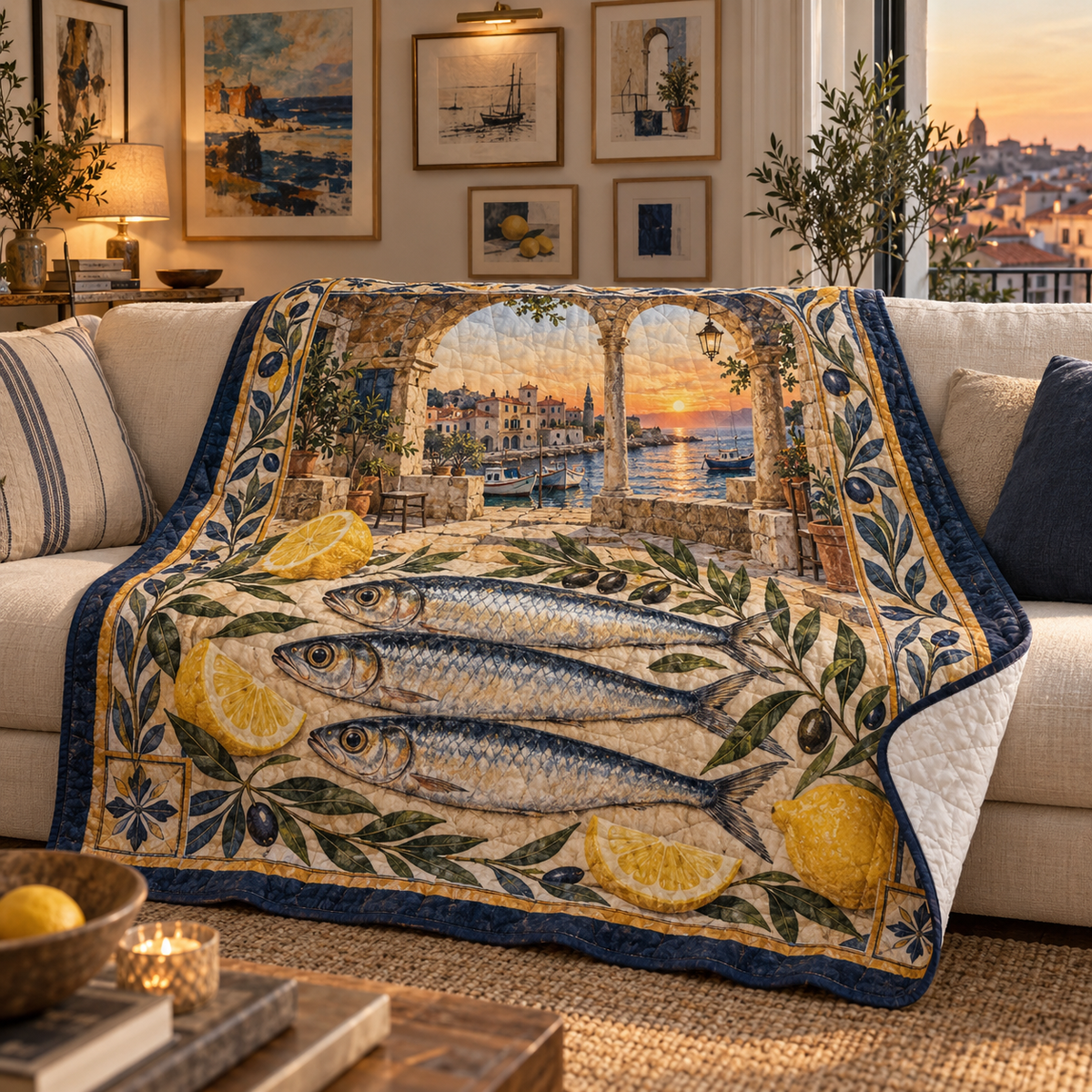 Sardine Tin Apartment Gallery Quilt Blanket with original flat printed sardine tin art in a layered apartment gallery room