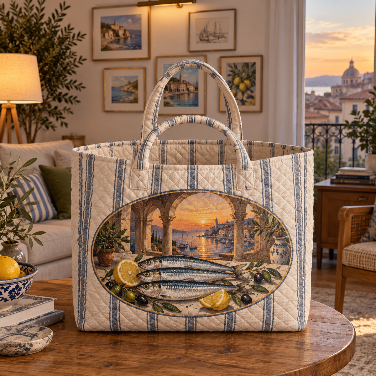 Sardine Tin Apartment Gallery Quilted Tote Bag with original flat printed sardine tin art in a layered apartment gallery room