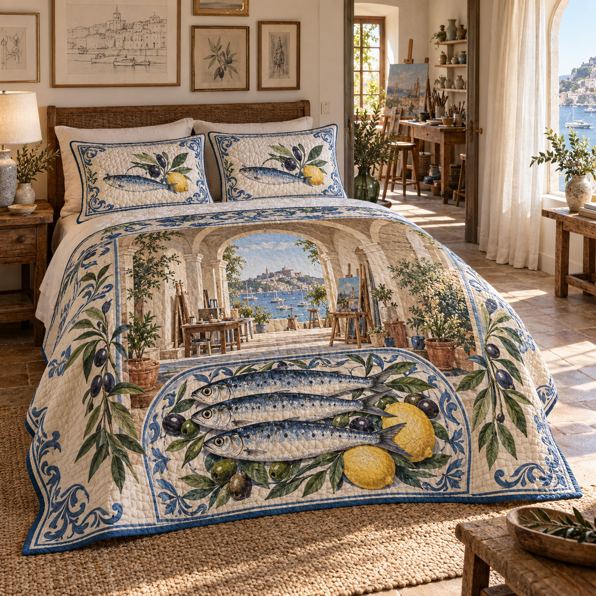 Sardine Tin Hobby Studio Quilted Bedding Set with original flat printed sardine tin art in a layered coastal hobby studio