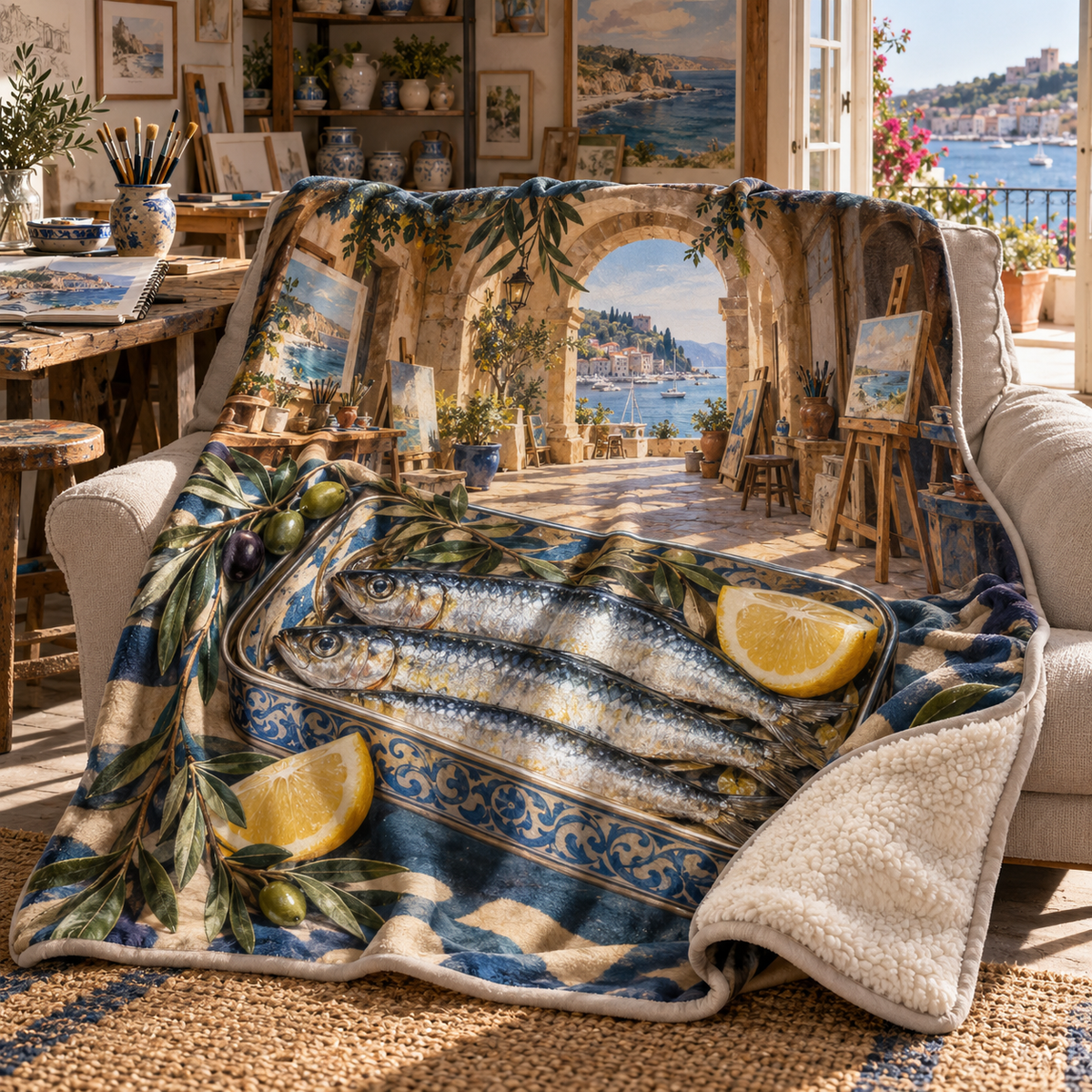 Sardine Tin Hobby Studio Sherpa & Fleece Blanket with original flat printed sardine tin art in a layered coastal hobby studio