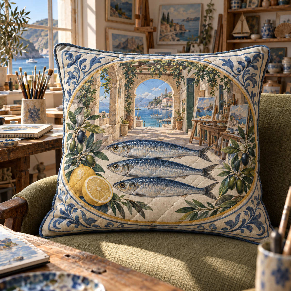 Sardine Tin Hobby Studio Quilted Cushion Cover with original flat printed sardine tin art in a layered coastal hobby studio