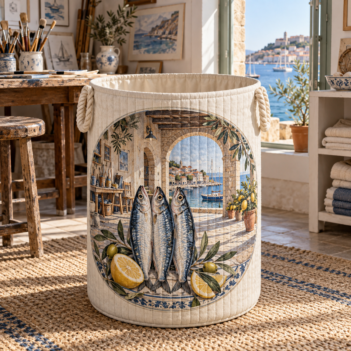 Sardine Tin Hobby Studio Laundry Hamper with original flat printed sardine tin art in a layered coastal hobby studio