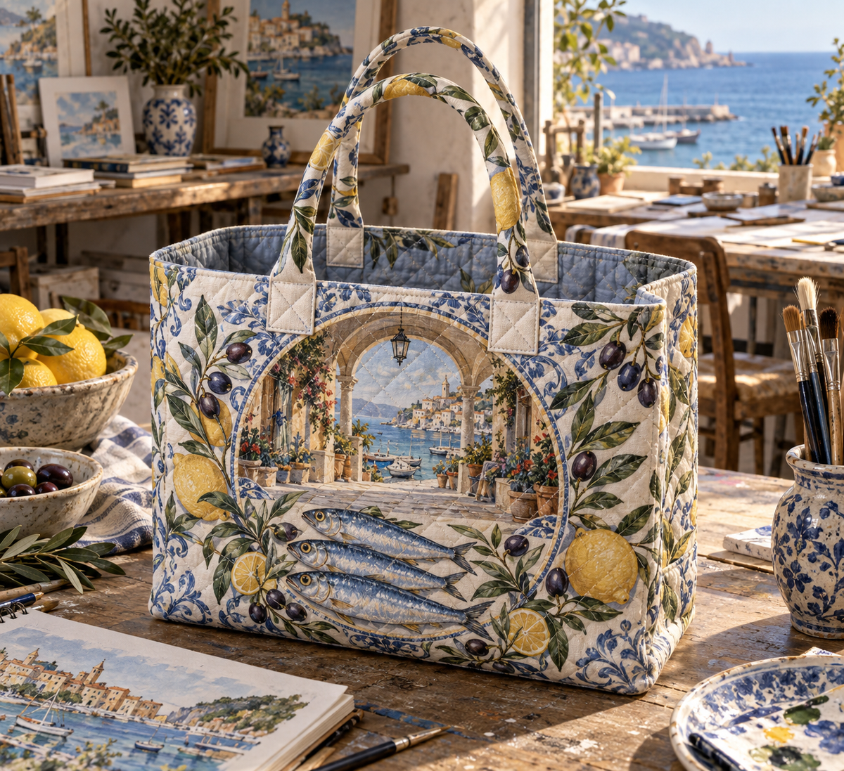 Sardine Tin Hobby Studio Quilted Tote Bag with original flat printed sardine tin art in a layered coastal hobby studio