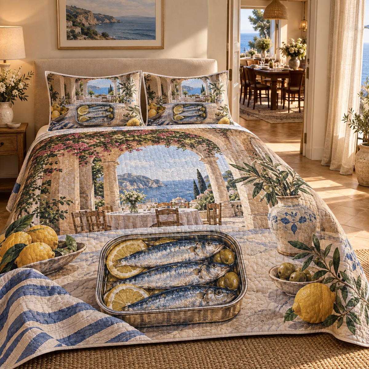 Sardine Tin Host Thank You Quilted Bedding Set with original flat printed sardine tin art in a layered coastal dining room