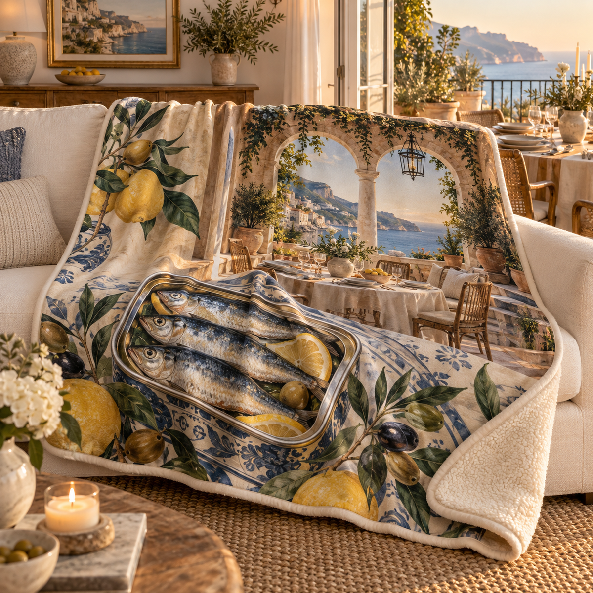 Sardine Tin Host Thank You Sherpa & Fleece Blanket with original flat printed sardine tin art in a layered coastal dining room