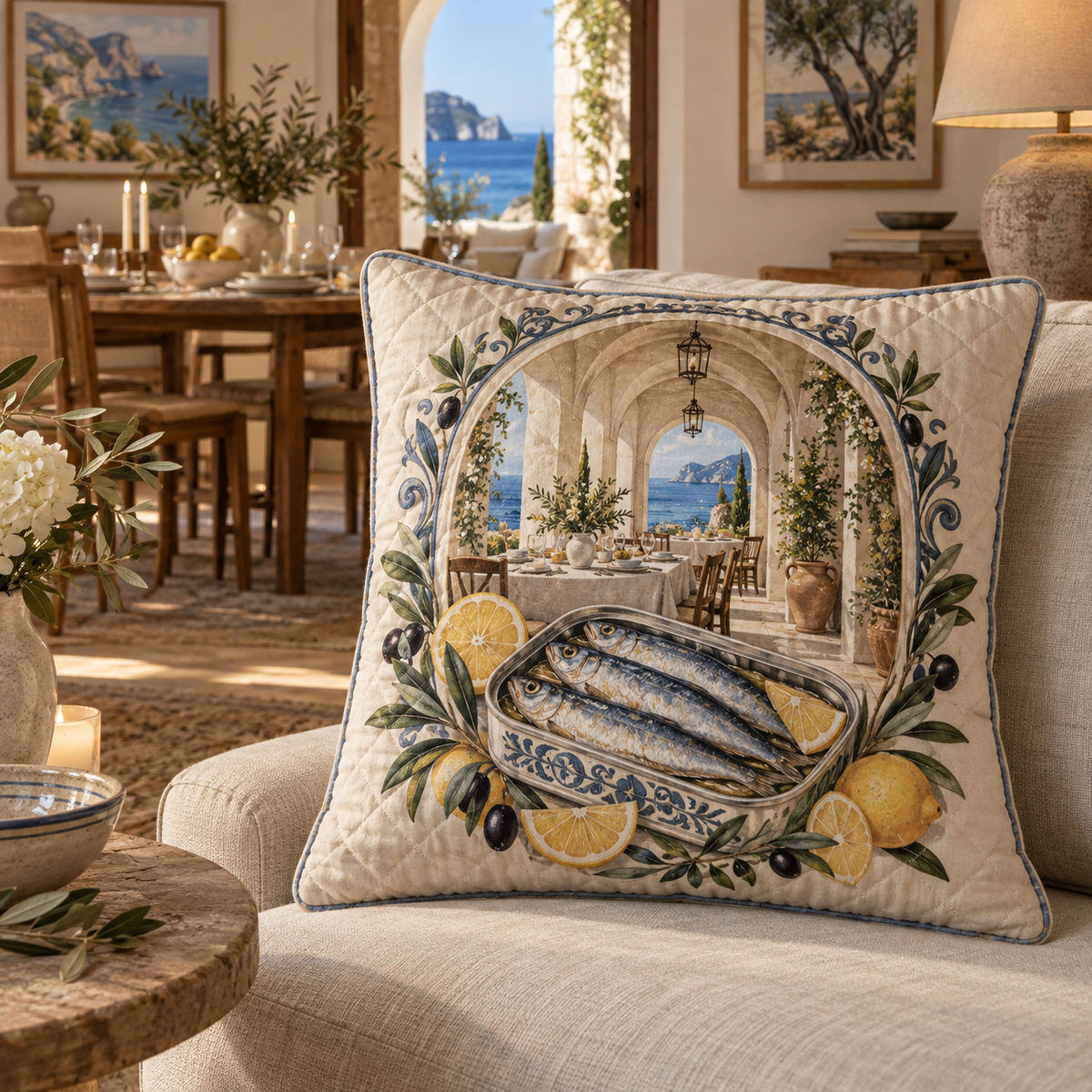 Sardine Tin Host Thank You Quilted Cushion Cover with original flat printed sardine tin art in a layered coastal dining room
