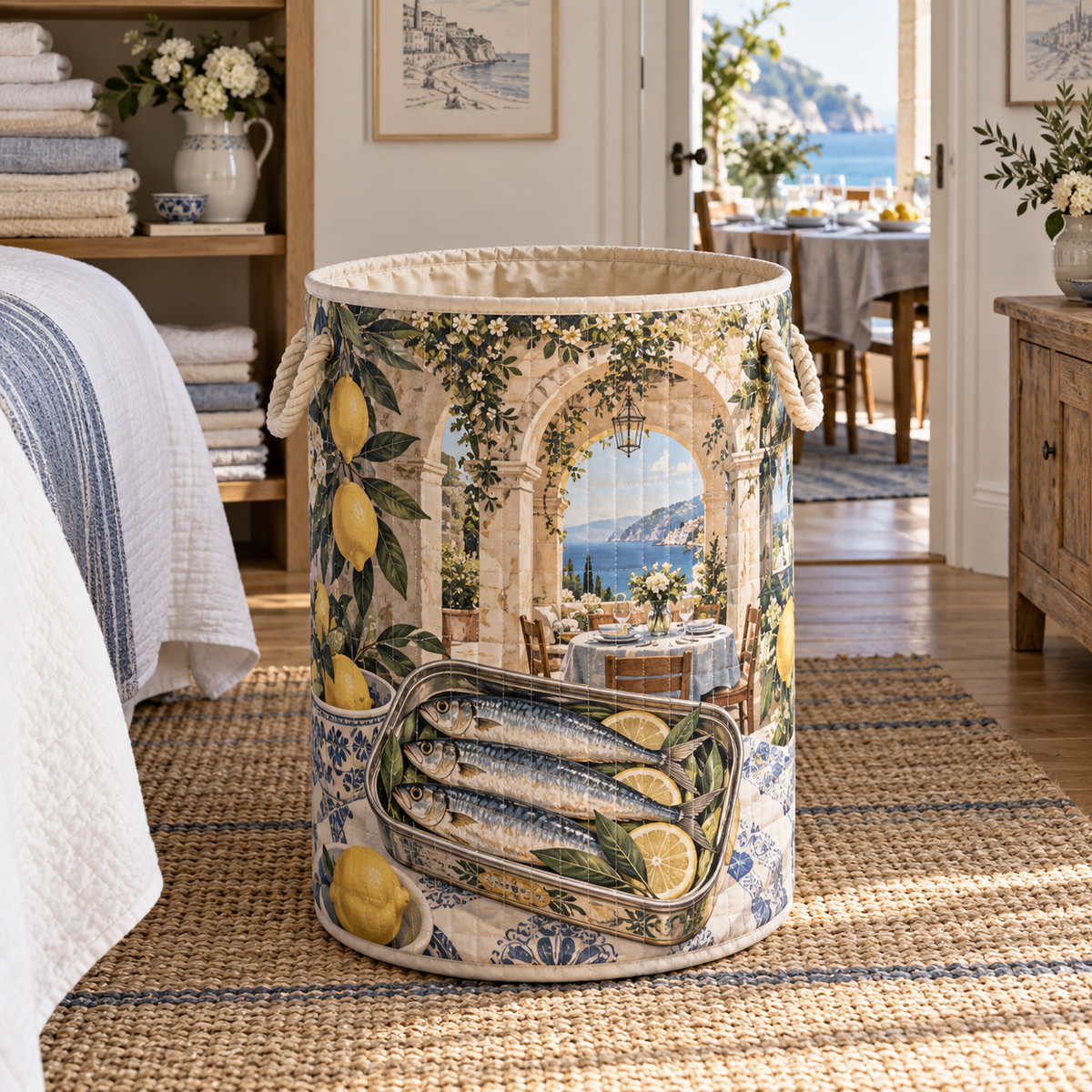 Sardine Tin Host Thank You Laundry Hamper with original flat printed sardine tin art in a layered coastal dining room