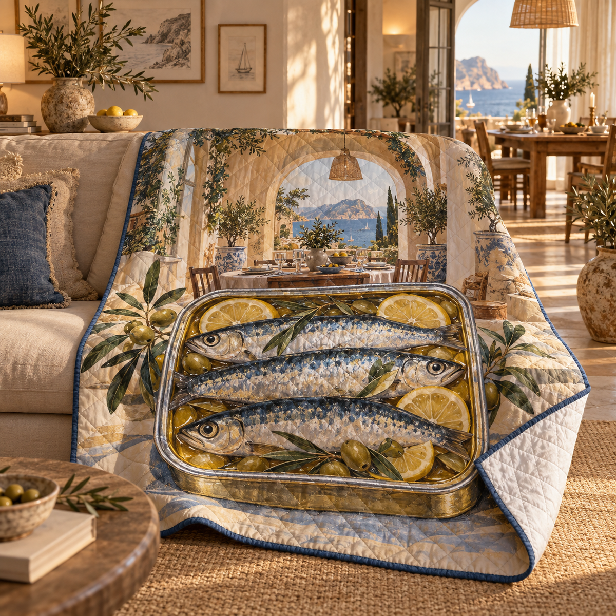 Sardine Tin Host Thank You Quilt Blanket with original flat printed sardine tin art in a layered coastal dining room