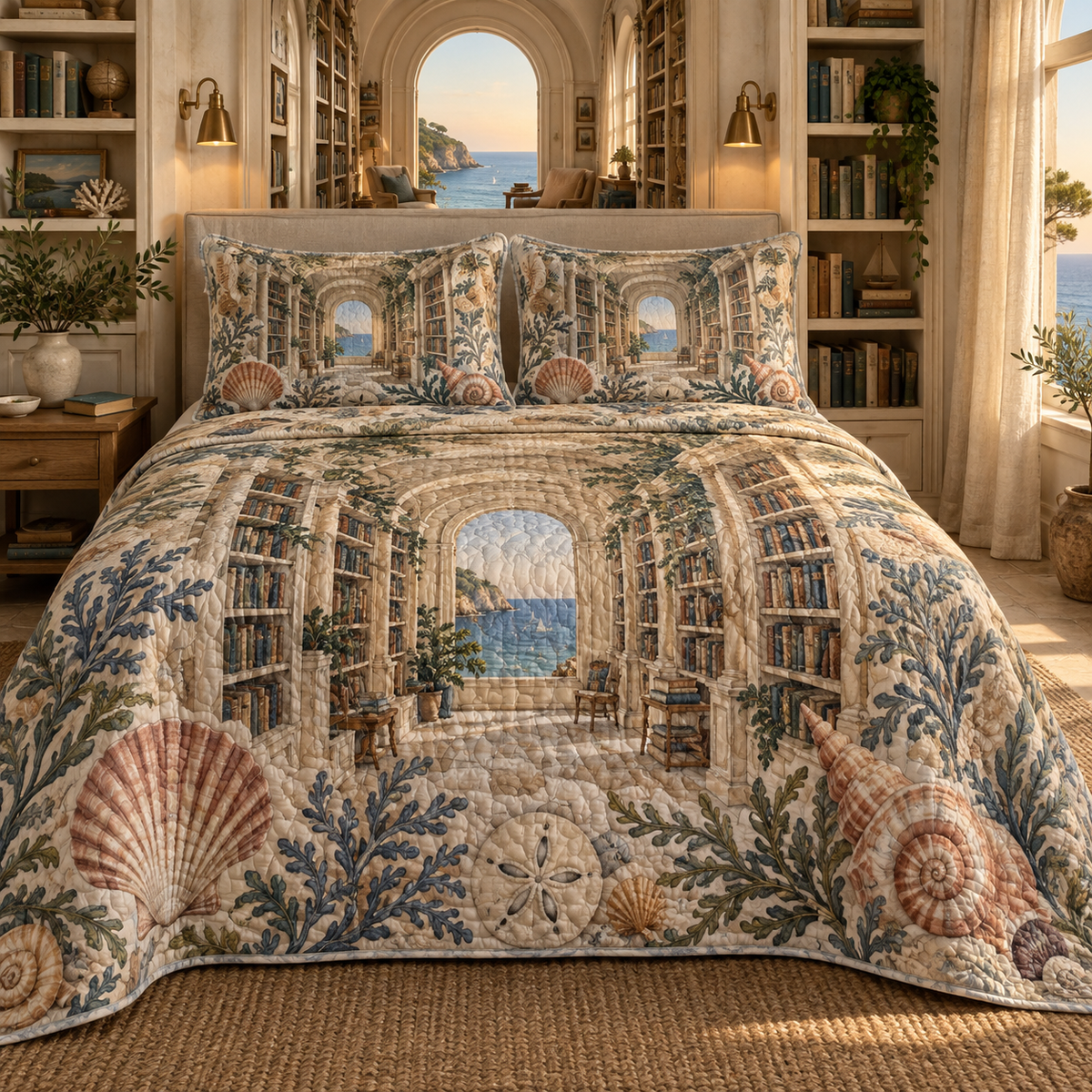 Seashell Study Reading Nook Quilted Bedding Set with original flat printed seashell art in a layered coastal reading nook