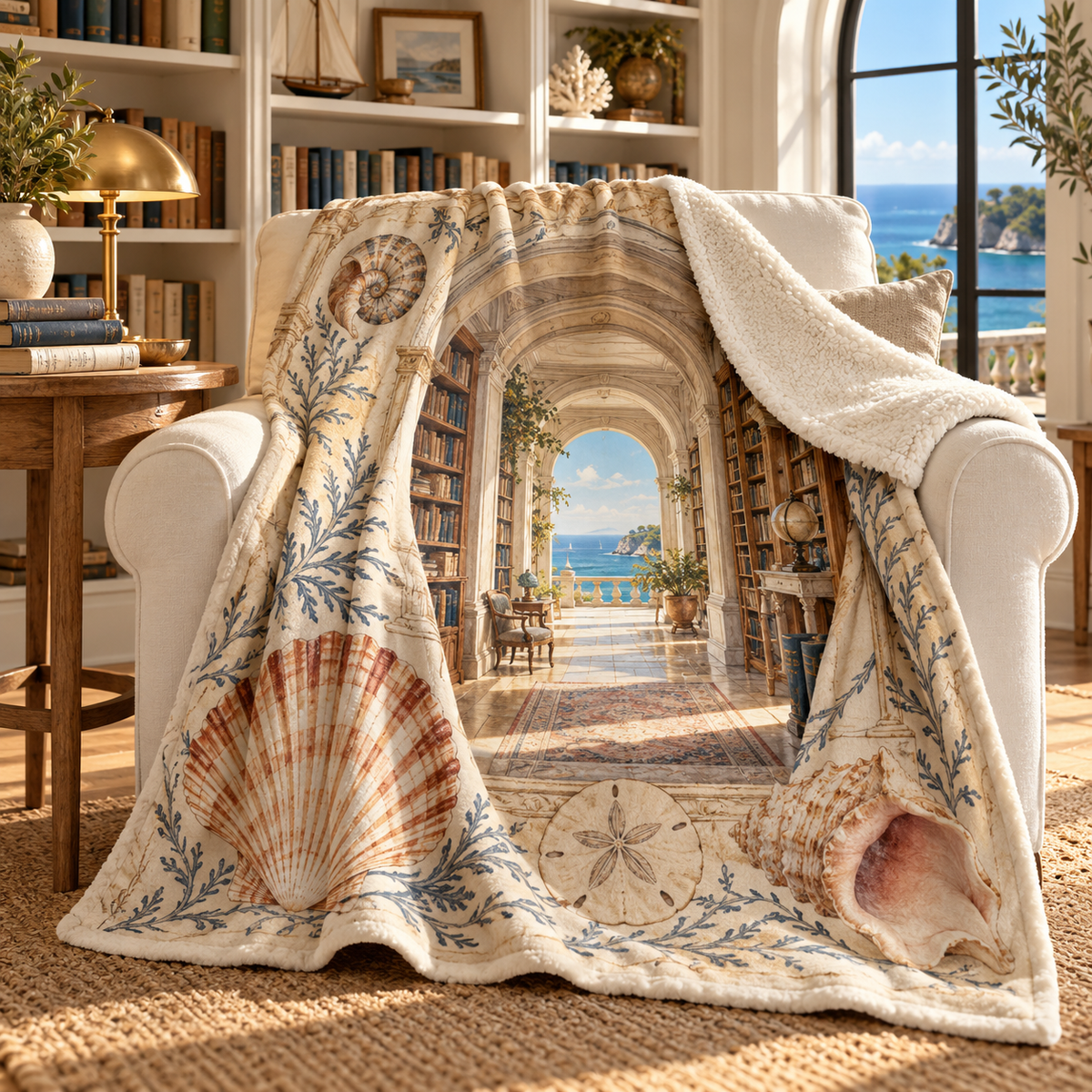 Seashell Study Reading Nook Sherpa & Fleece Blanket with original flat printed seashell art in a layered coastal reading nook