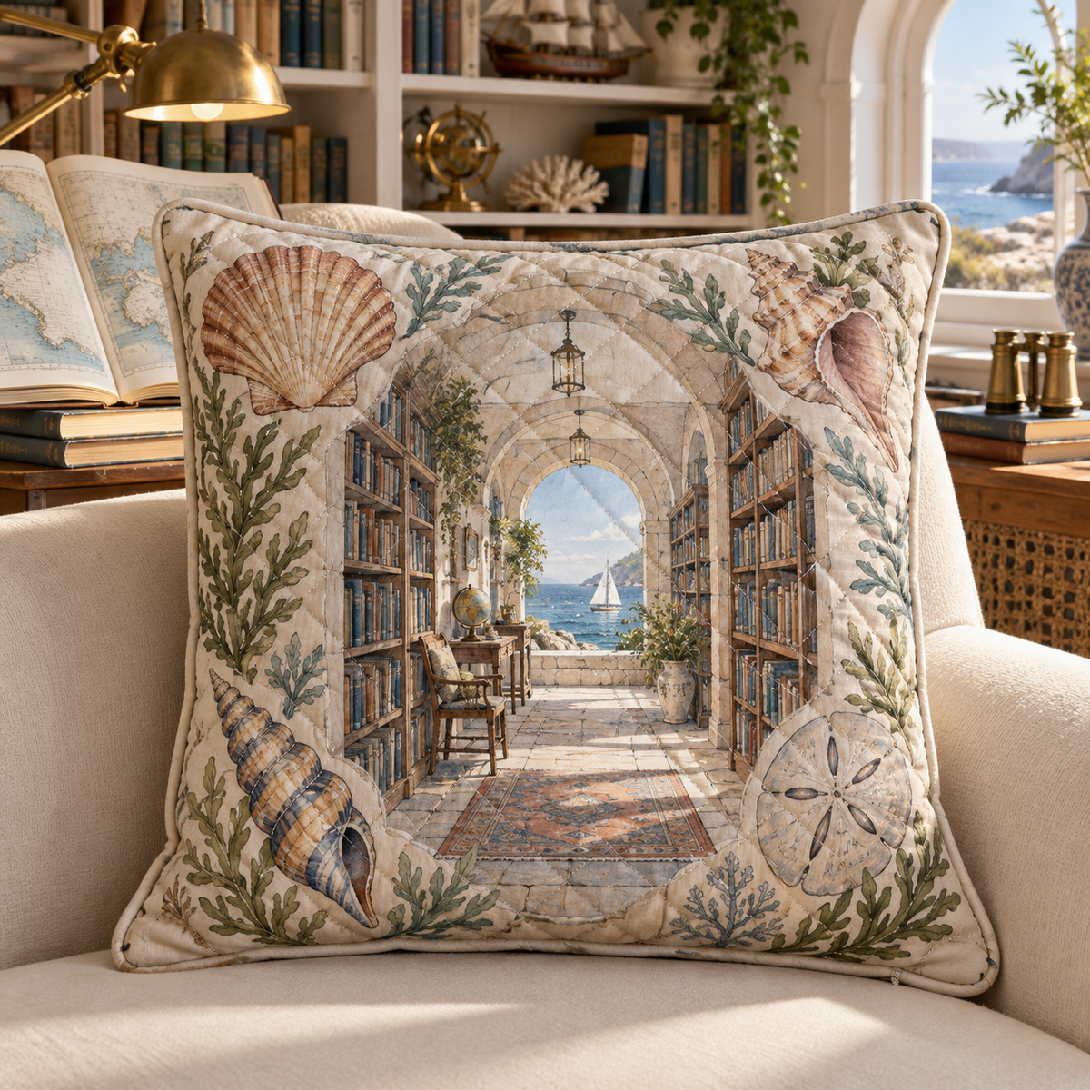 Seashell Study Reading Nook Quilted Cushion Cover with original flat printed seashell art in a layered coastal reading nook