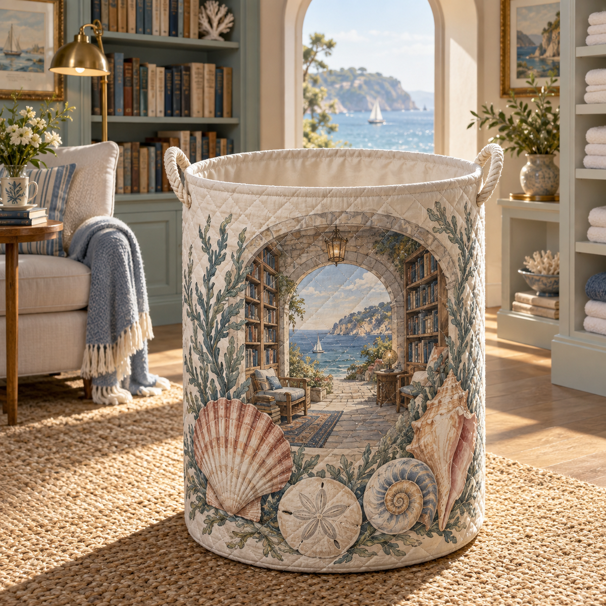 Seashell Study Reading Nook Laundry Hamper with original flat printed seashell art in a layered coastal reading nook