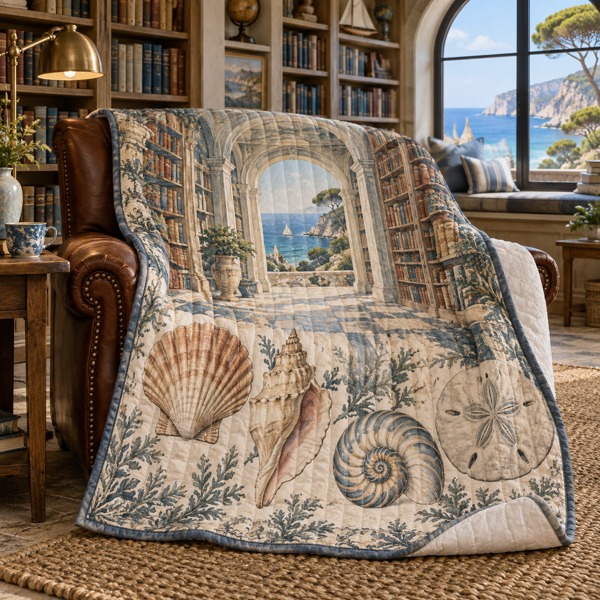 Seashell Study Reading Nook Quilt Blanket with original flat printed seashell art in a layered coastal reading nook
