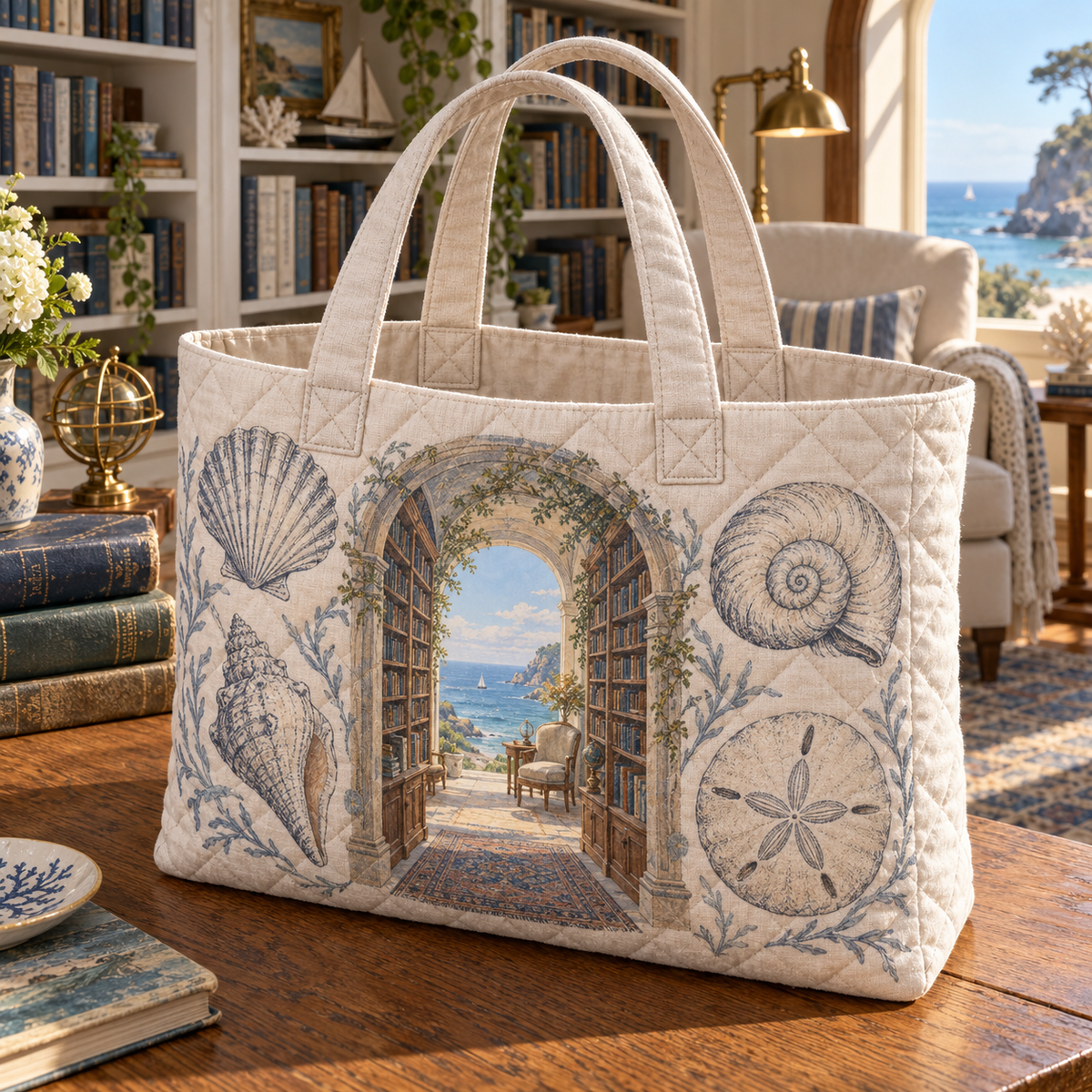 Seashell Study Reading Nook Quilted Tote Bag with original flat printed seashell art in a layered coastal reading nook