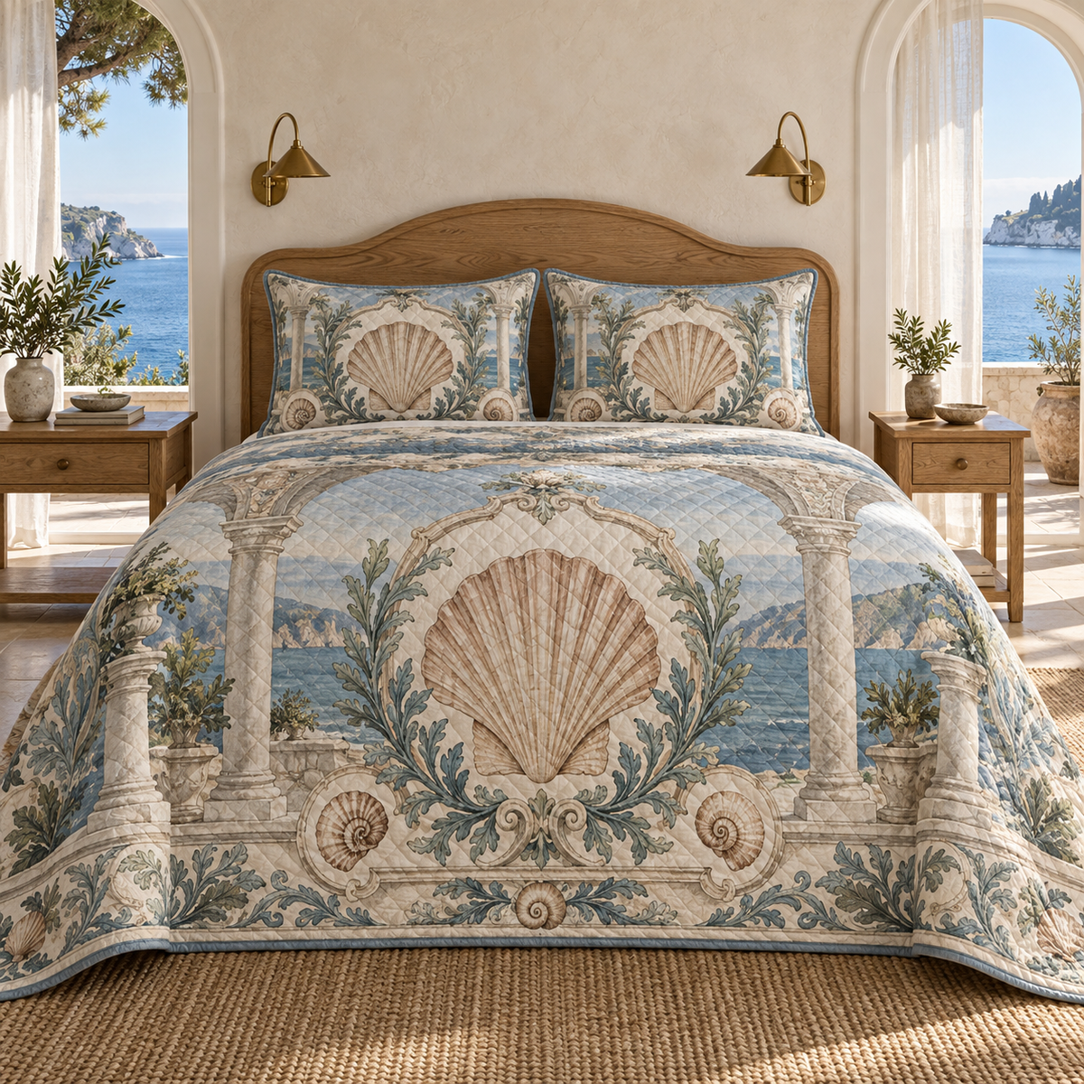 Seashell Study Bedroom Statement Quilted Bedding Set with original flat printed seashell medallion and a deep coastal bedroom setting