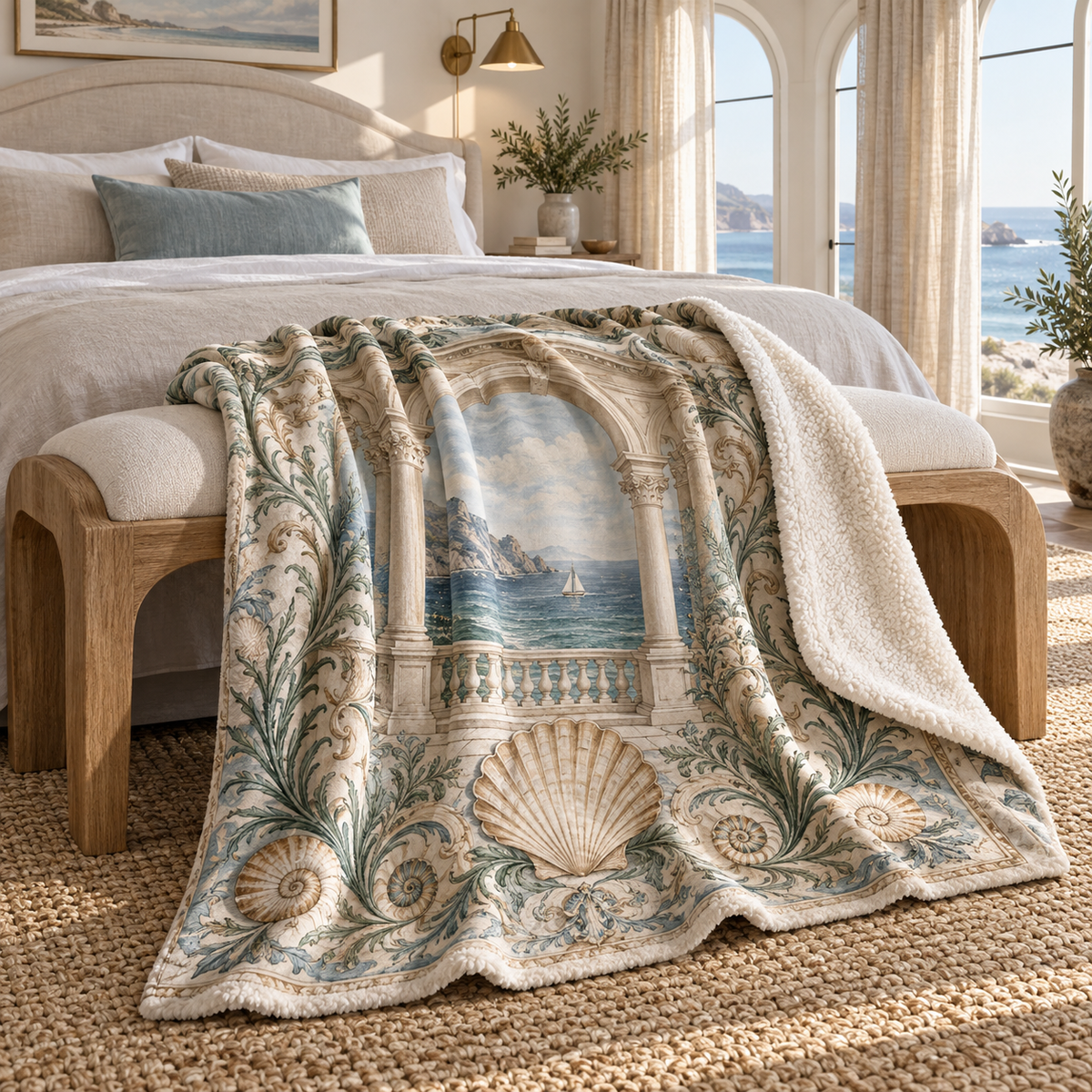 Seashell Study Bedroom Statement Sherpa & Fleece Blanket with original flat printed seashell medallion and a deep coastal bedroom setting