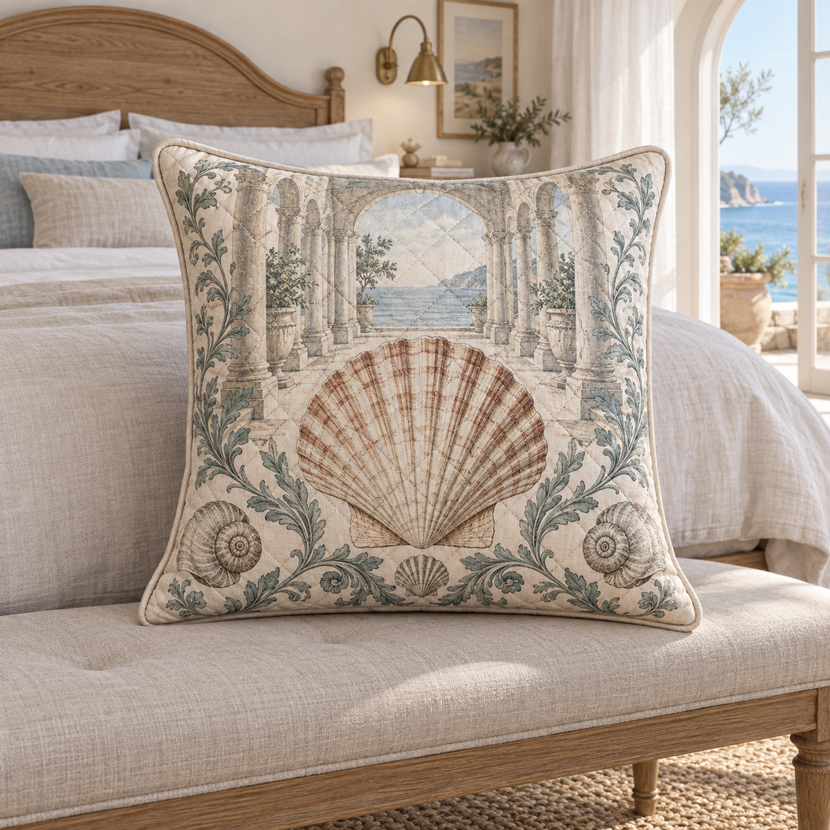 Seashell Study Bedroom Statement Quilted Cushion Cover with original flat printed seashell medallion and a deep coastal bedroom setting