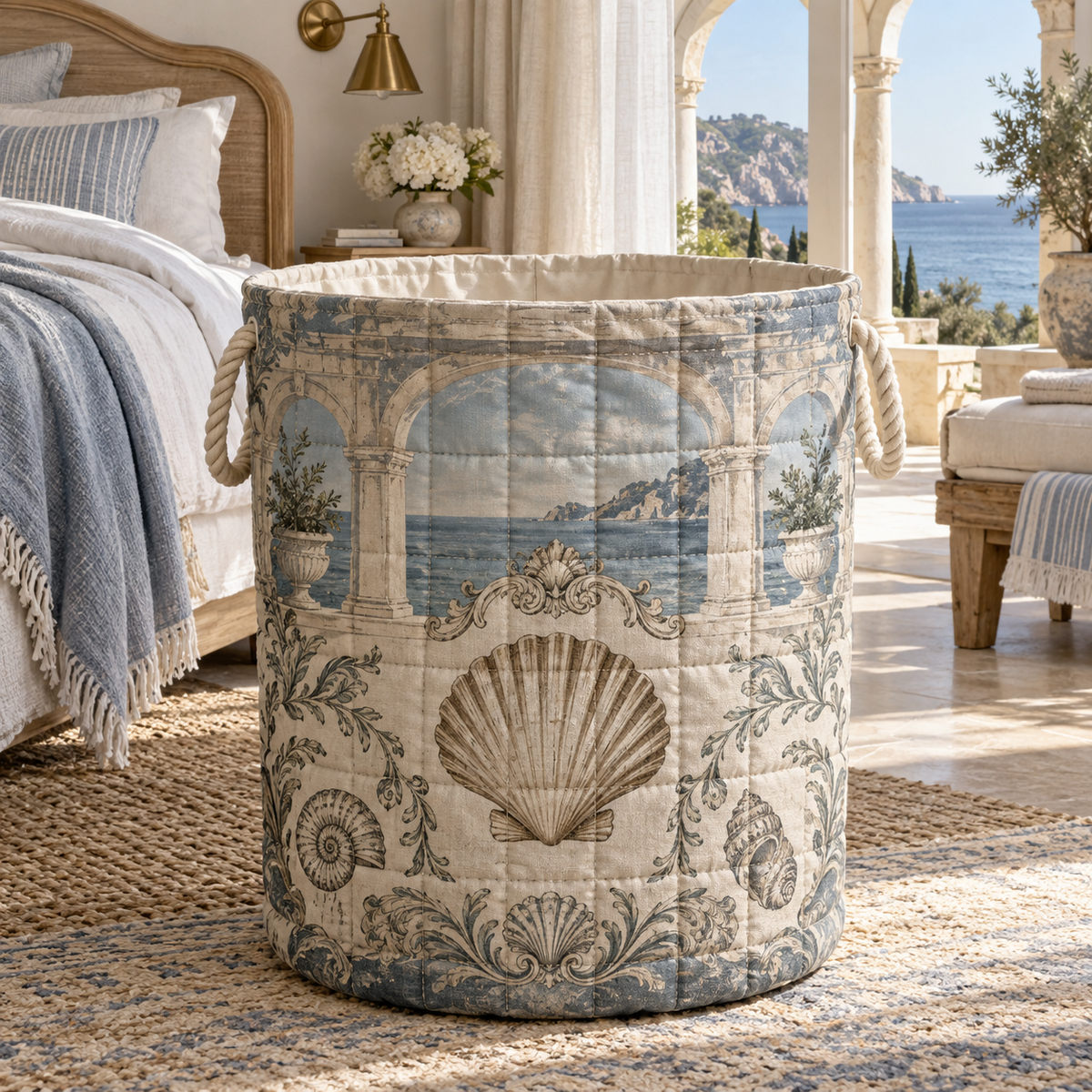 Seashell Study Bedroom Statement Laundry Hamper with original flat printed seashell medallion and a deep coastal bedroom setting
