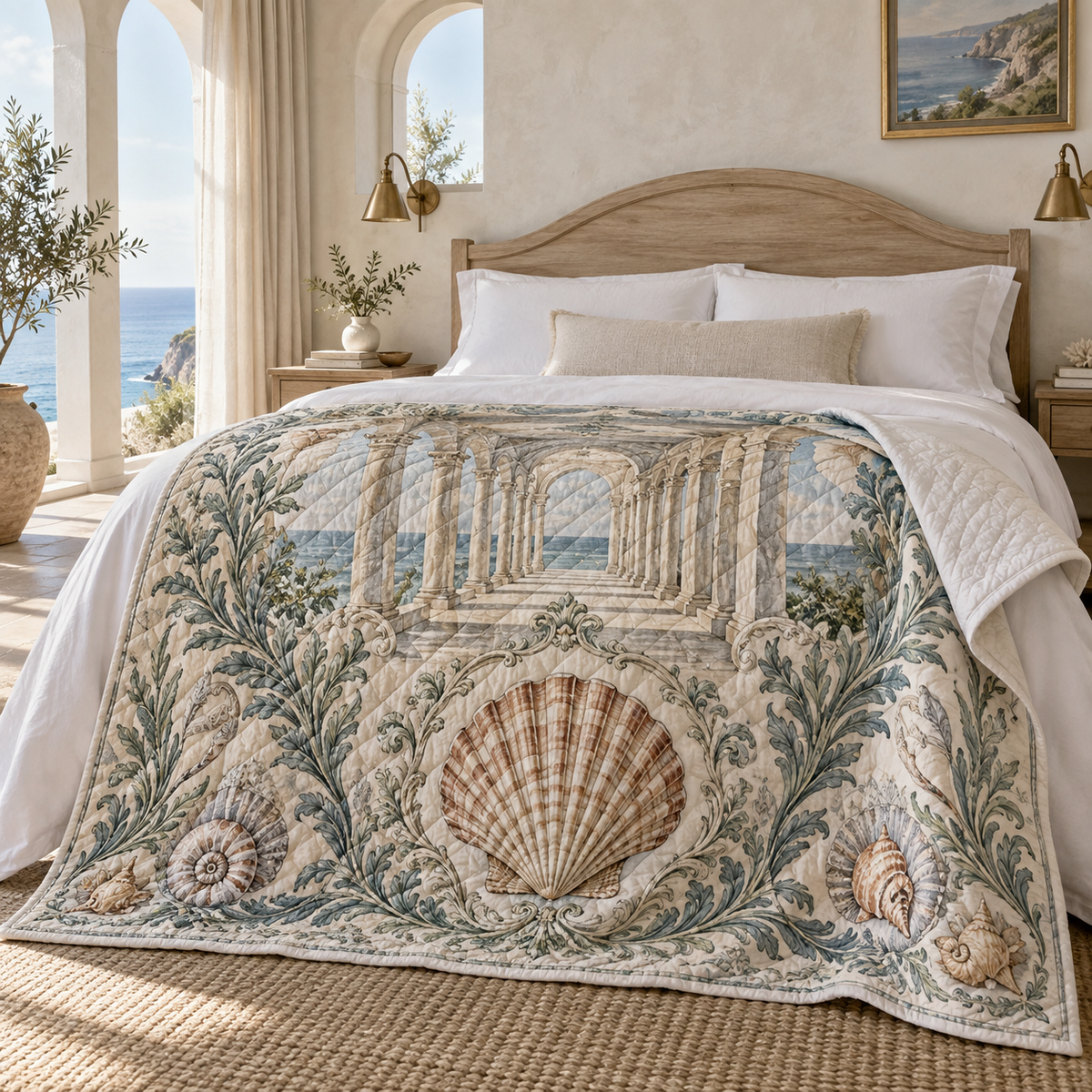 Seashell Study Bedroom Statement Quilt Blanket with original flat printed seashell medallion and a deep coastal bedroom setting
