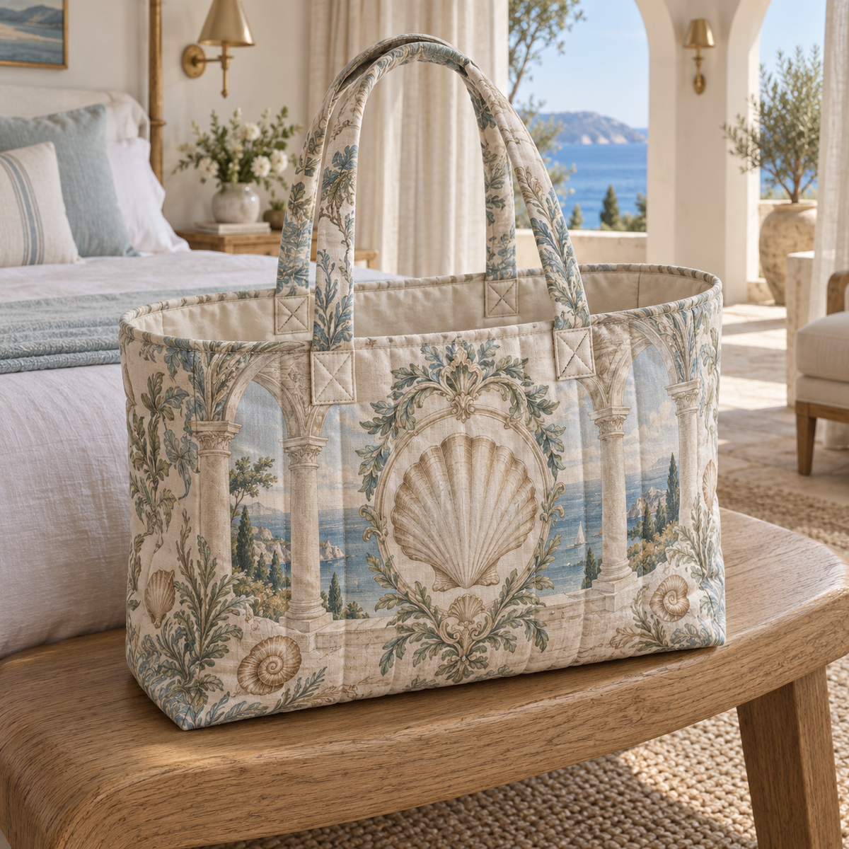 Seashell Study Bedroom Statement Quilted Tote Bag with original flat printed seashell medallion and a deep coastal bedroom setting