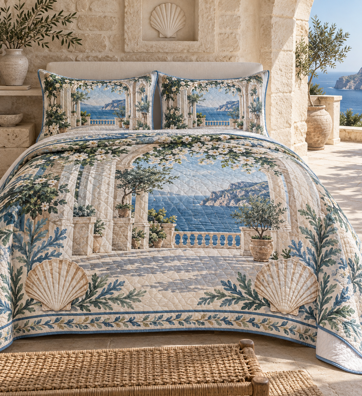 Seashell Study Living Room Focal Point Quilted Bedding Set with original flat printed seashell artwork in a layered coastal living room