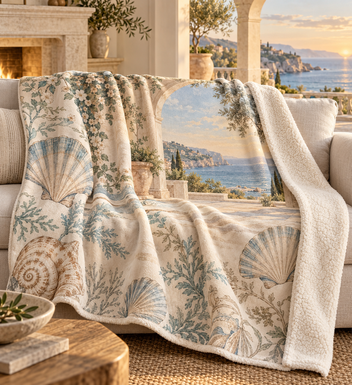 Seashell Study Living Room Focal Point Sherpa & Fleece Blanket with original flat printed seashell artwork in a layered coastal living room