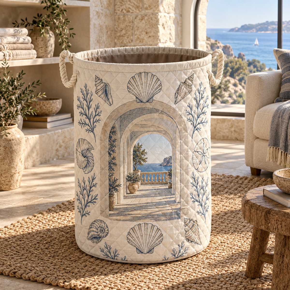 Seashell Study Living Room Focal Point Laundry Hamper with original flat printed seashell artwork in a layered coastal living room