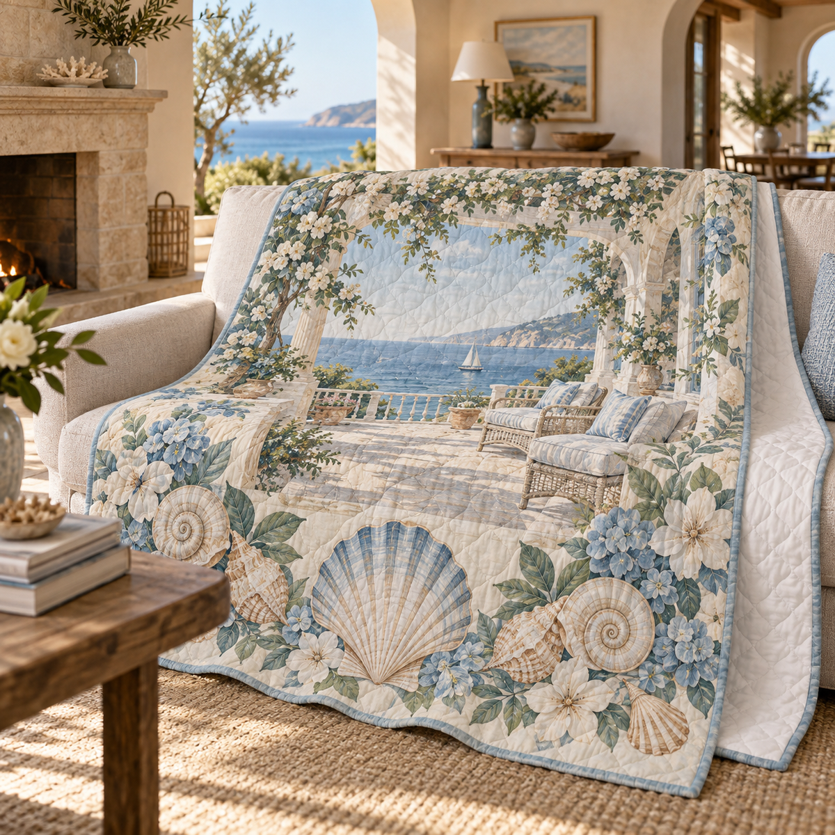 Seashell Study Living Room Focal Point Quilt Blanket with original flat printed seashell artwork in a layered coastal living room