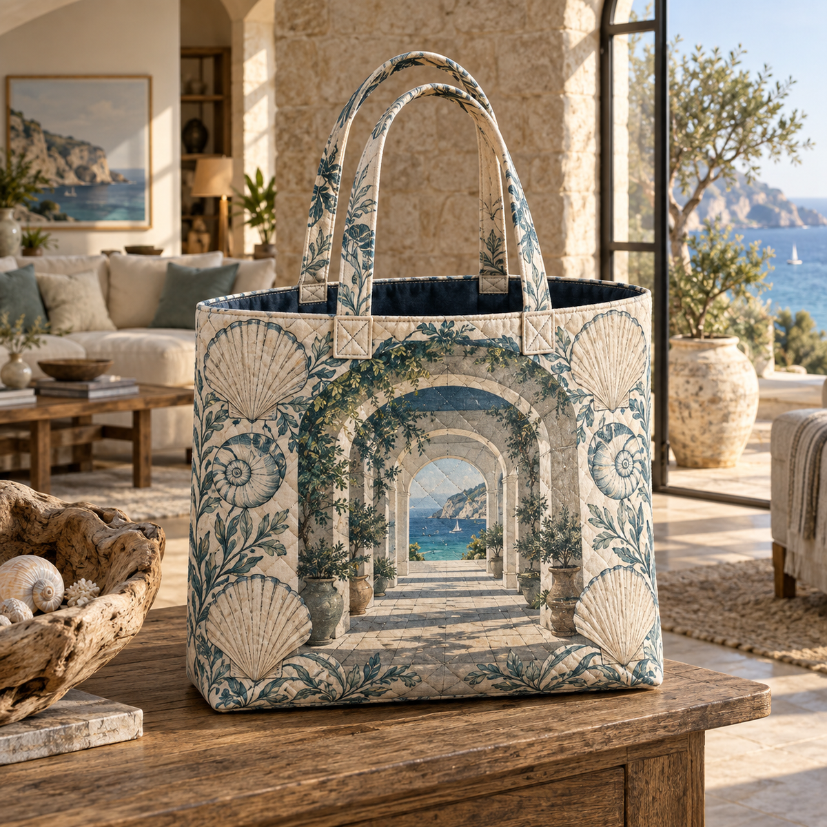 Seashell Study Living Room Focal Point Quilted Tote Bag with original flat printed seashell artwork in a layered coastal living room