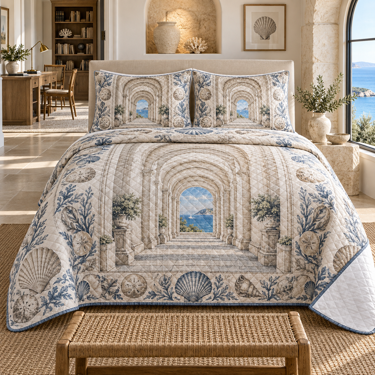 Seashell Study Home Office Backdrop Quilted Bedding Set with original flat printed seashell gallery artwork in a layered coastal home office