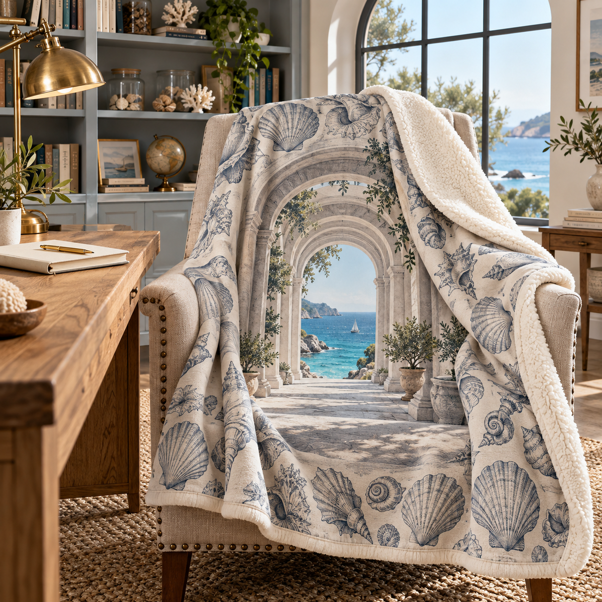 Seashell Study Home Office Backdrop Sherpa & Fleece Blanket with original flat printed seashell gallery artwork in a layered coastal home office