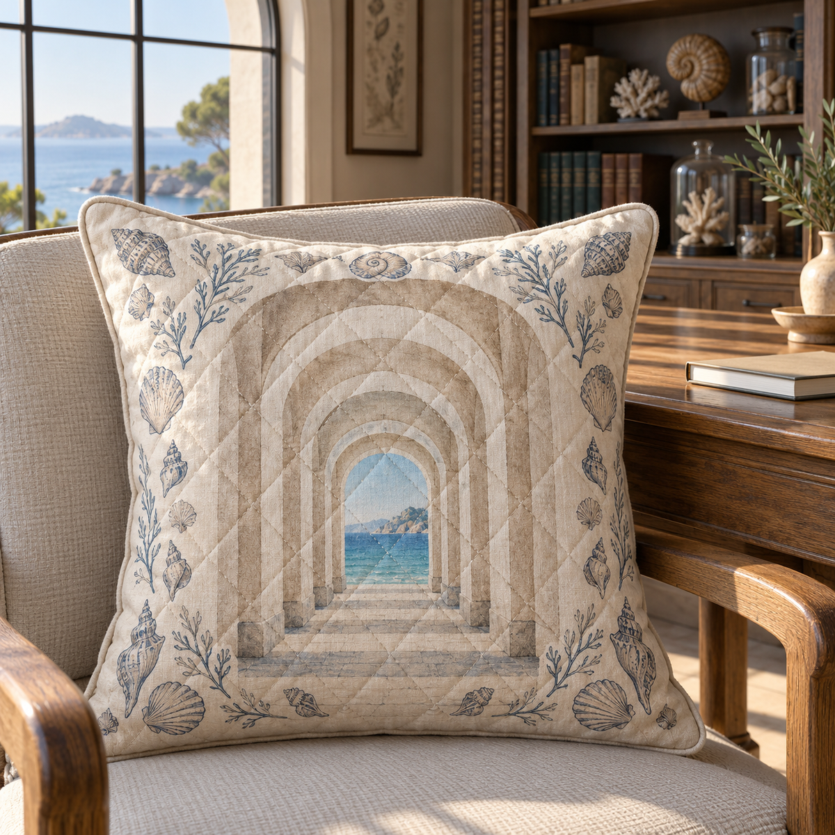 Seashell Study Home Office Backdrop Quilted Cushion Cover with original flat printed seashell gallery artwork in a layered coastal home office