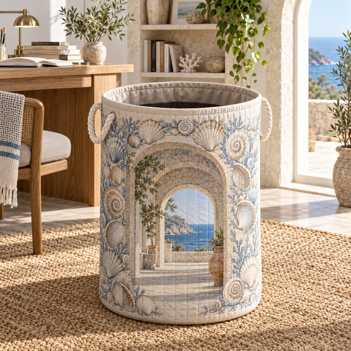 Seashell Study Home Office Backdrop Laundry Hamper with original flat printed seashell gallery artwork in a layered coastal home office