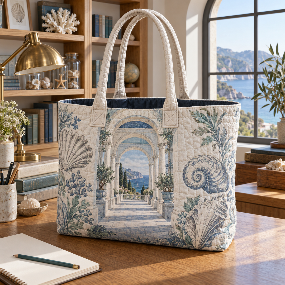 Seashell Study Home Office Backdrop Quilted Tote Bag with original flat printed seashell gallery artwork in a layered coastal home office