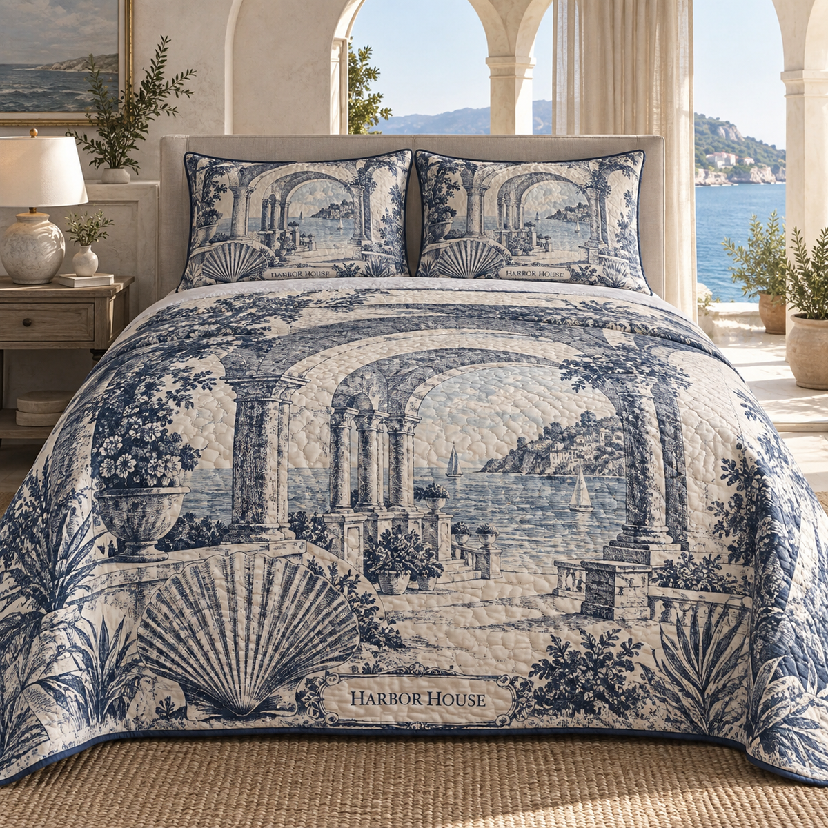 Seashell Study Housewarming Quilted Bedding Set with original flat printed seashell gallery and sample household name in a layered coastal home