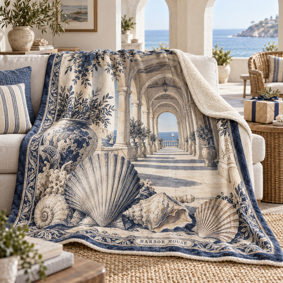 Seashell Study Housewarming Sherpa & Fleece Blanket with original flat printed seashell gallery and sample household name in a layered coastal home
