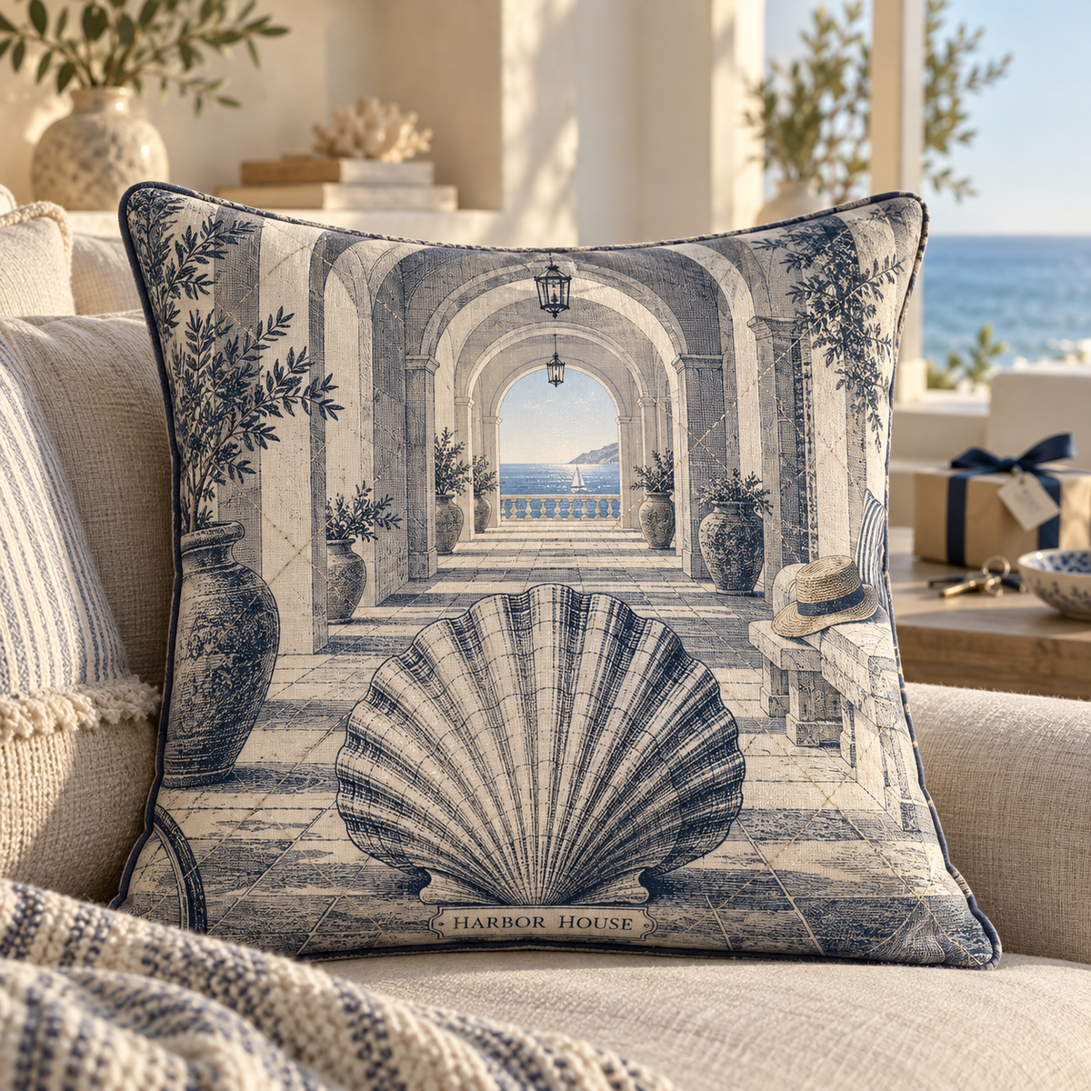 Seashell Study Housewarming Quilted Cushion Cover with original flat printed seashell gallery and sample household name in a layered coastal home