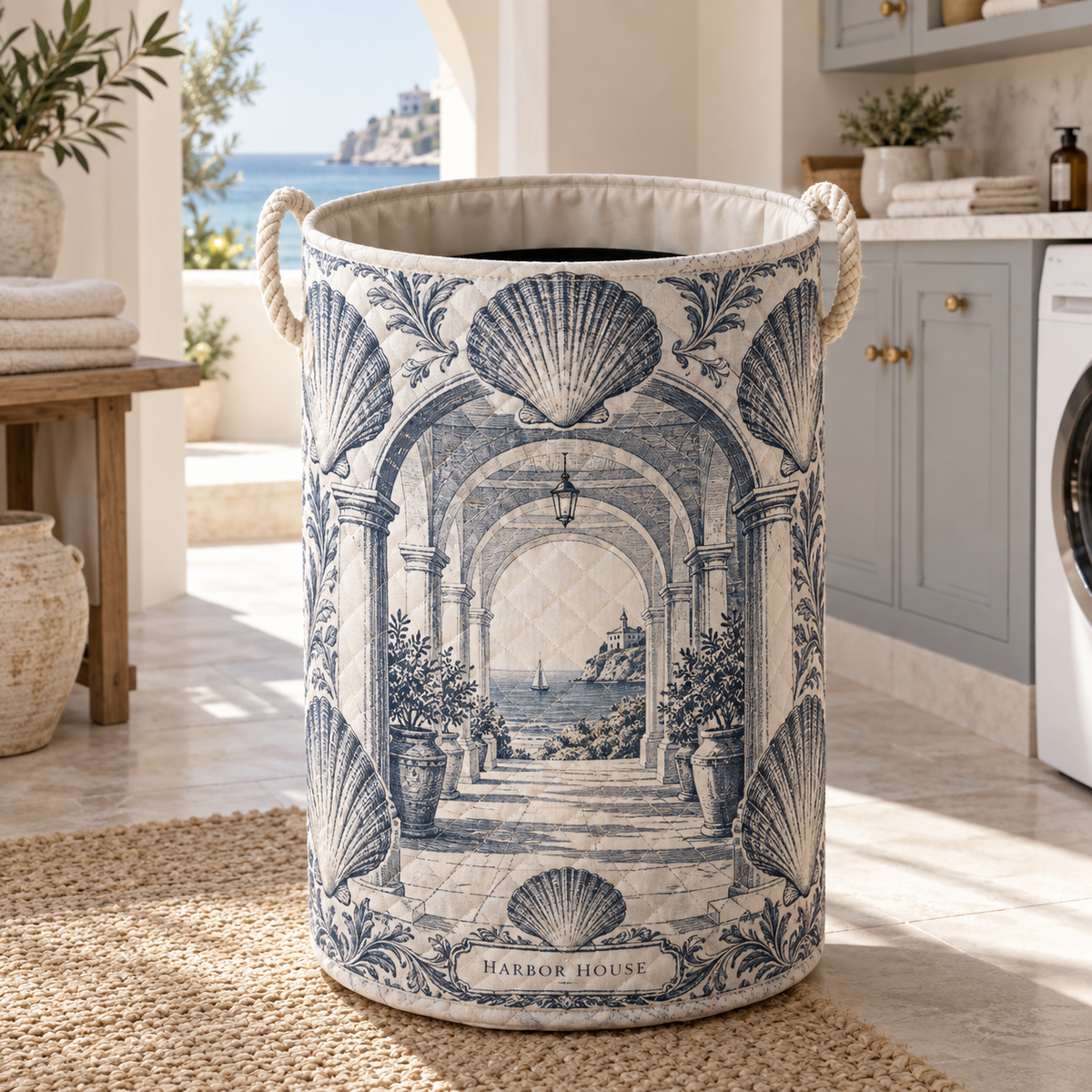 Seashell Study Housewarming Laundry Hamper with original flat printed seashell gallery and sample household name in a layered coastal home